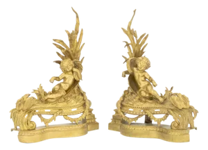 Louis XV Style Cherub Motif Brass Chenets, Pair
