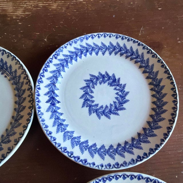 Set of 6 Antique Blue Stick Spatter Fern Plates, 8", Late 19th Century For Sale - Image 14 of 18
