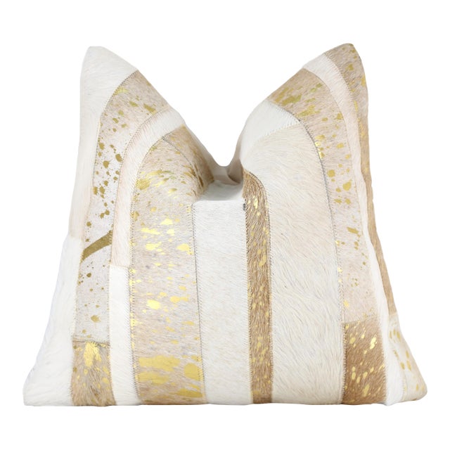 Luxury Gold Metallic Genuine Hair-on Cowhide Pillow 18x18 | Handmade For Sale