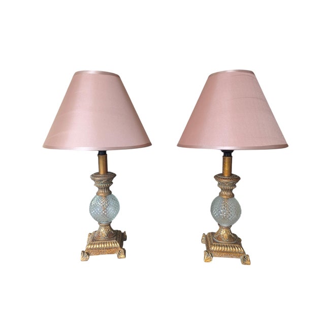 Hollywood Regency Gilded Gold and Faux Crystal Lamps With Pink Lampshades- A Pair For Sale - Image 13 of 18