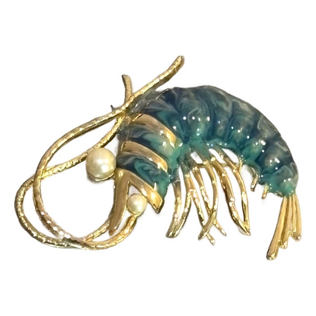 Gold Tone / Green Swirl & Faux Pearl Shrimp Brooch For Sale