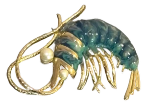 Gold Tone / Green Swirl & Faux Pearl Shrimp Brooch