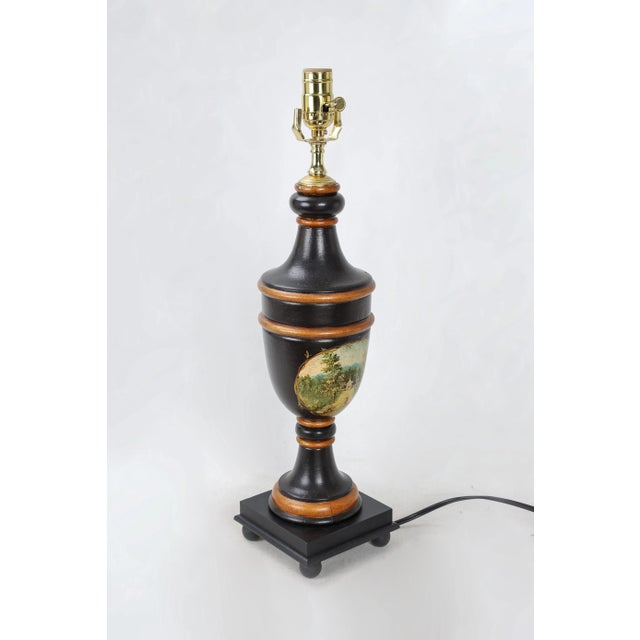 English Vintage Black and Gold Color Trophy Lamp With Painted Scene For Sale - Image 3 of 8