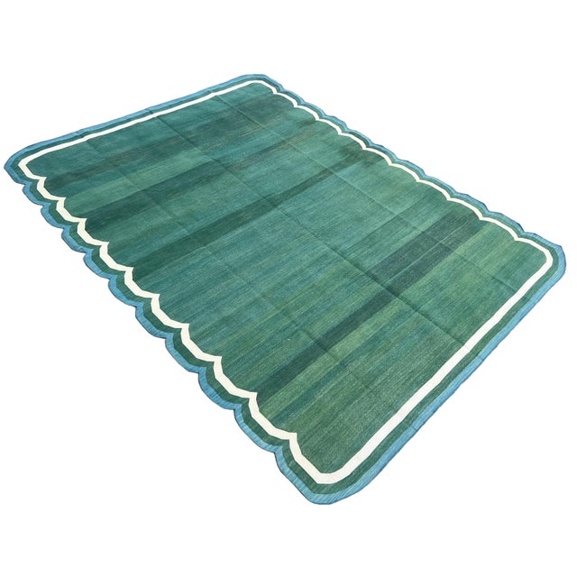 Mid-Century Modern Handmade Cotton Area Vegetable Dyed Rug, Forest Green, Cream and Teal Blue Scalloped Dhurrie - 12'x15' For Sale - Image 3 of 10