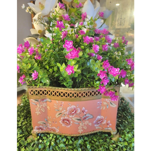 Chelsea House Style Pink Floral Metal Claw Foot Lattice Floral Arrangement Large Container Cache Pot For Sale - Image 10 of 11