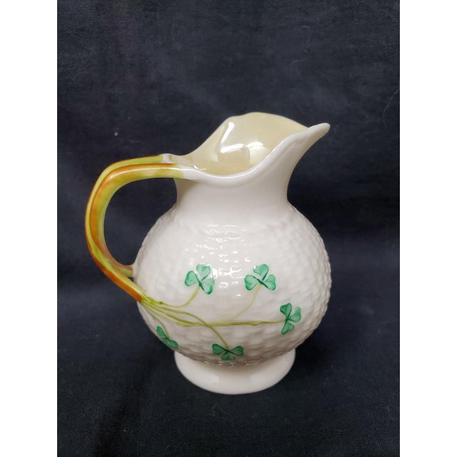 White Vintage Belleek Basketweave Shamrock Creamer - 2nd Green Mark - Ireland - 1955 - 1965 For Sale - Image 8 of 11