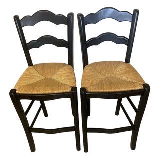 Mid 20th Century Country French Style Black Rush Seat Barstools- A Pair For Sale
