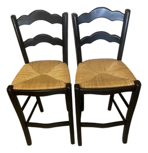 Mid 20th Century Country French Style Black Rush Seat Barstools- A Pair