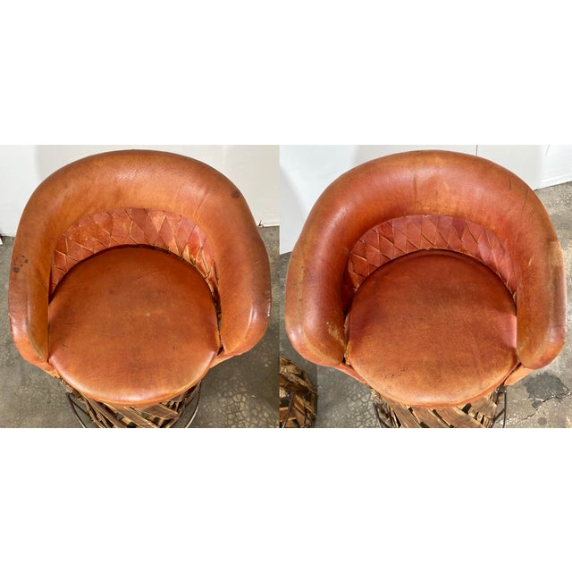 Wood Vintage Mexican Southwest Equipale Leather and Cedar Wood Bar Stools, a Pair For Sale - Image 7 of 12