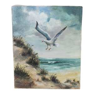 Vintage Oil Painting, Seascape, Coastal Seagull Bird Beach House Decor Original Art Signed by Artist