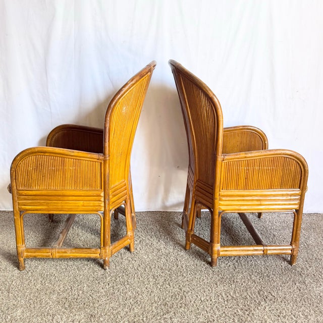 Boho Chic Pencil Reed Back Rattan Leopard Print Dining Arm Chairs - Set of 4 For Sale - Image 4 of 11