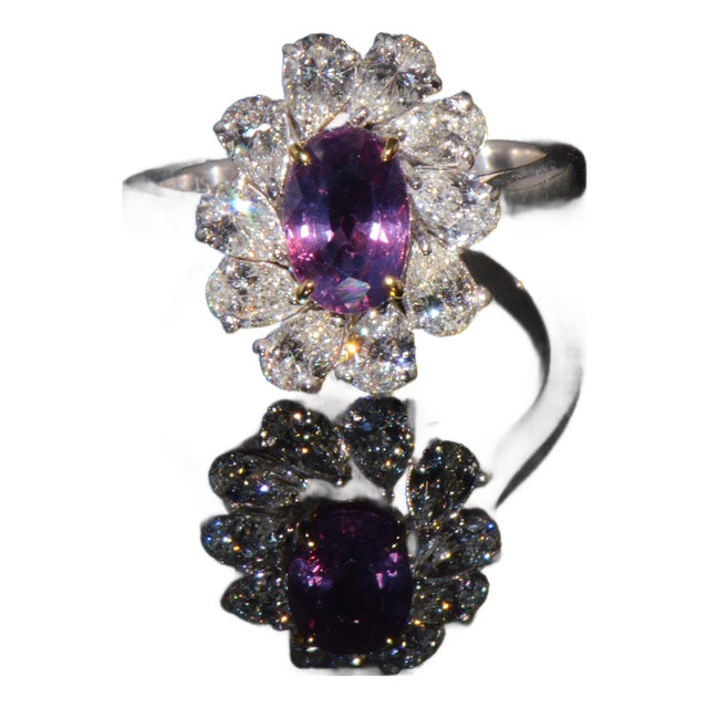 Gia Certified 3.15ct No-Heat Purple Pink Sapphire & Diamond 18k Gold Halo Ring, Size 6.5 For Sale