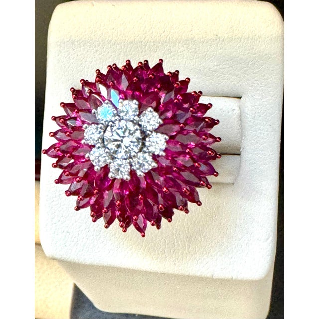 Arts & Crafts 12 Ct Natural Marquis Ruby & 0.75 Ct Diamond 18 Kt White Gold Ball Ring Size 6 For Sale - Image 3 of 18