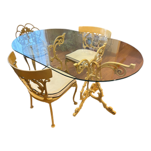 1970s Oval Glass Table With Solid Metal Scroll Base and 3 Metal Scroll Chairs