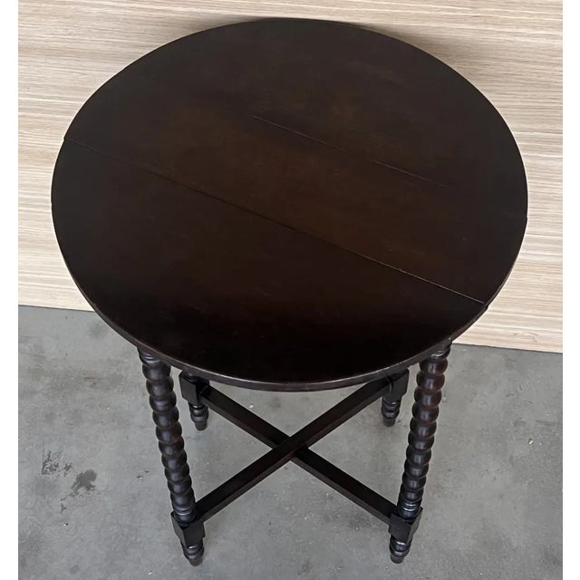 Round Folding Center Oak Table with Carved Top and Solomonic Legs, 1940s For Sale - Image 4 of 11