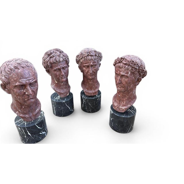 Impressive set of four busts representing Roman emperors, produced in Italy during the second half of the 20th century....