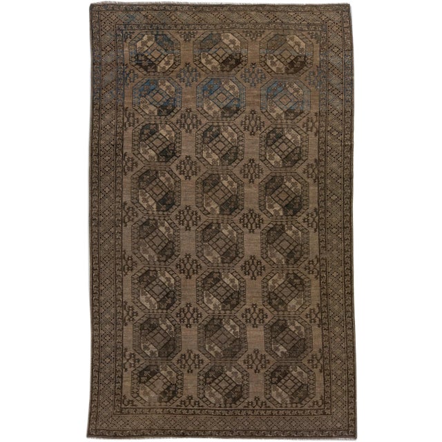 Textile 1930s Antique Turkmen Handmade Wool Brown Rug With Gul Design For Sale - Image 7 of 7