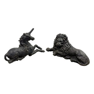 Antique English Cast Iron Lion and Unicorn Boot Scrapers, 1890s, Set of 2 For Sale