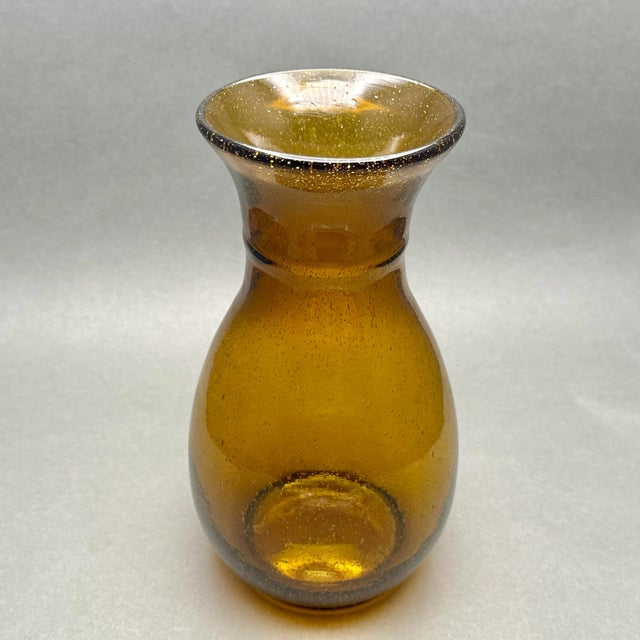 Mid 20th Century Vintage Minimalist MCM Hand Blown Amber Glass Vase With Bubble Detail For Sale - Image 5 of 9