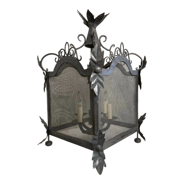 Vintage French Country Square Metal Pendant, Pewter Finish For Sale