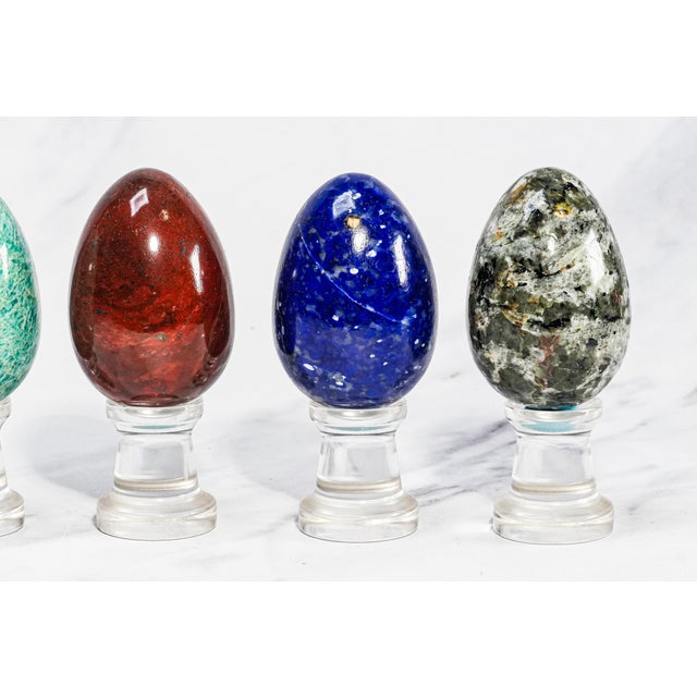 Collection Vintage Stone Specimen Egg 9 Polished Gemstone Eggs Display Stands Geological Mineral Display Cabinet of Curiosities Home Decor For Sale - Image 10 of 18