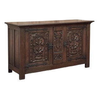 French Gothic Revival Oak Coffer Buffet With Iron Hardware For Sale