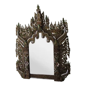 Large Asian Hand-Carved Bejeweled Wood Wall Mirror