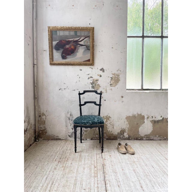 Old Napoleon 3 period chair 1900, with its blackened wooden structure, very nicely patinated by time. Its seat is in blue...