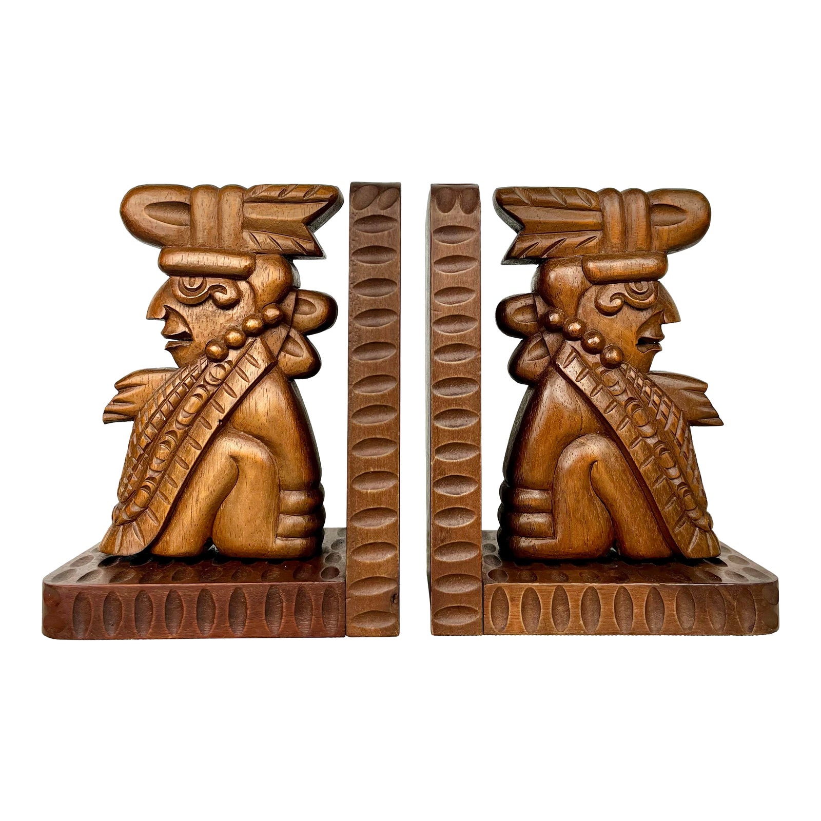 Vintage Mexican Carved Wood Aztec Mayan Bookends- A Pair | Chairish