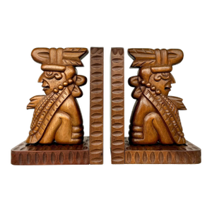 Vintage Mexican Carved Wood Aztec Mayan Bookends- A Pair