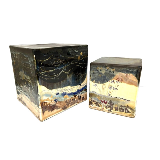 Set of Two Painted Glazed Ceramic Cubes Formerly Collected by Steel Case For Sale