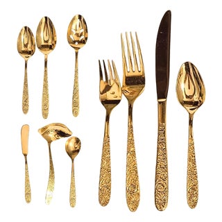 Mid-Century Hollywood Regency Gold Floral Flatware- Set of 72 For Sale
