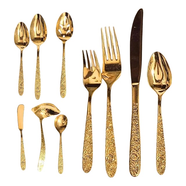 Mid-Century Hollywood Regency Gold Floral Flatware- Set of 72 For Sale