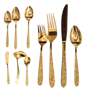 Mid-Century Hollywood Regency Gold Floral Flatware- Set of 72