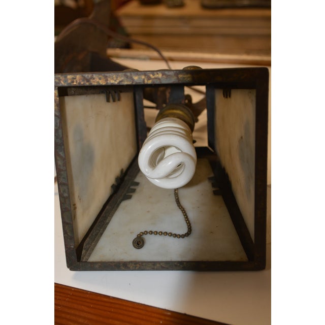 1910s Arts & Crafts Brown Cast Iron / Metal & Slag Glass Hanging Swag Light W/Plug Gothic For Sale - Image 13 of 18