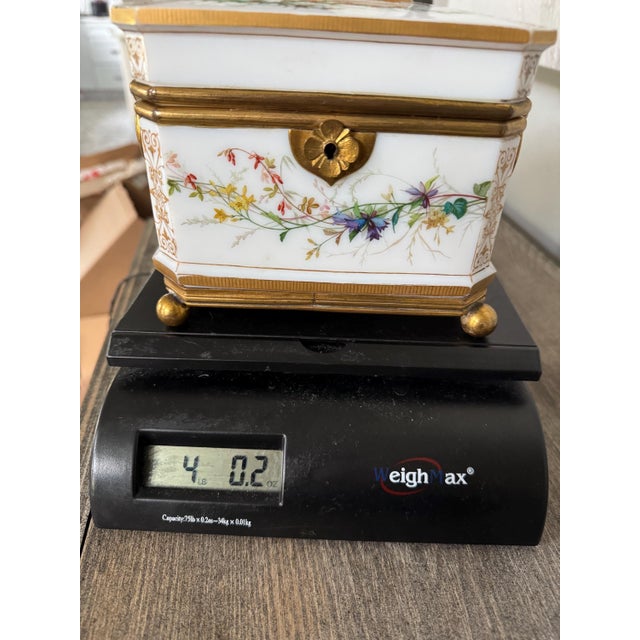 Vintage or Antique Possibly 19th Century White Opaline Glass Jewelry Casket Box Hand Painted Floral Decor & Gilt Bronze 6.25"x4.75"x5.25"h For Sale - Image 16 of 18
