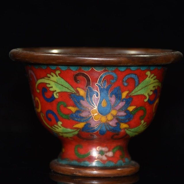Asian Cloisonne Enamel Stemmed Bowl, Copper Wire Inlaid Floral Pattern For Sale - Image 3 of 9
