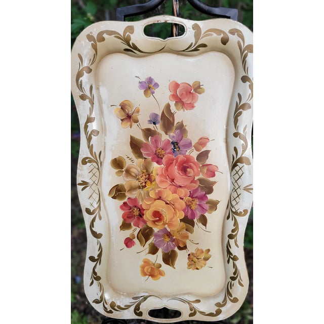 Shabby Chic Vintage Hand Painted Metal Tray For Sale - Image 3 of 12