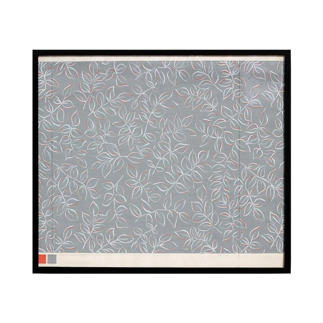 Modern grey and white geometric abstract leaf pattern composition with orange accents by textile designer John Little. The...