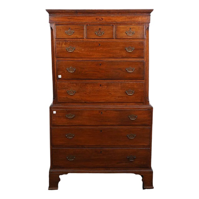 18th Century Period Oak English Chest on Chest Bracket Feet Shell Inlay For Sale