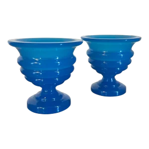 Antique 19th Century French Blue Opaline Glass Open Salt Cellars - a Pair