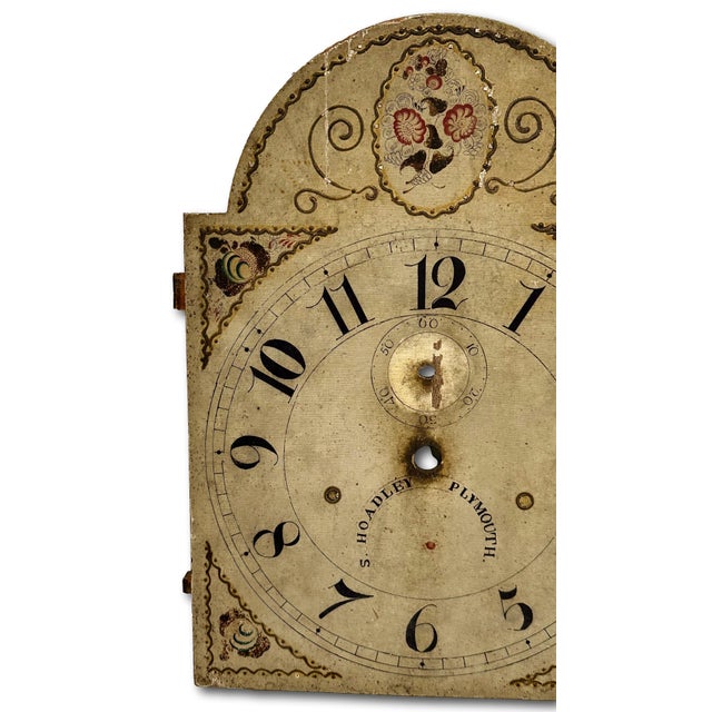 Antique American Hand Painted Wood Grandfather Clock Dial by Connecticut Maker Silas Hoadley - Circa Very Early 1800s For Sale - Image 10 of 18