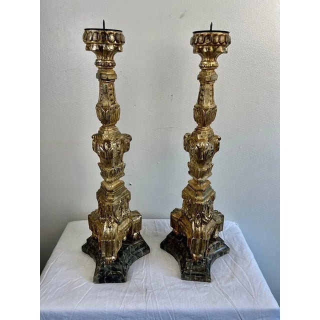 Baroque Distressed Italian Silver & Gold Gilt Candlesticks, 20th Century For Sale - Image 3 of 10