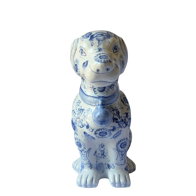 This is a whimsical Staffordshire Style Dog Porcelain Figurine. This is a Chinese export very sweet and stoic blue and...