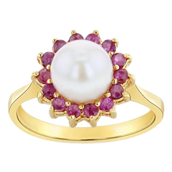 Freshwater Pearl & Ruby Halo Ring 14k Yellow Gold, Size 5 For Sale