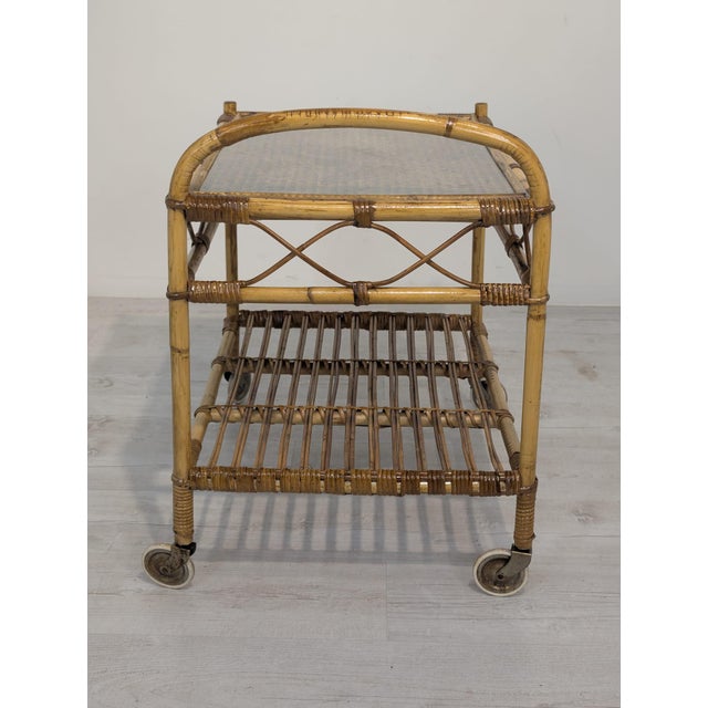 Scandinavian Rattan, Raffia and Glass Serving Cart, 1960s For Sale - Image 11 of 14