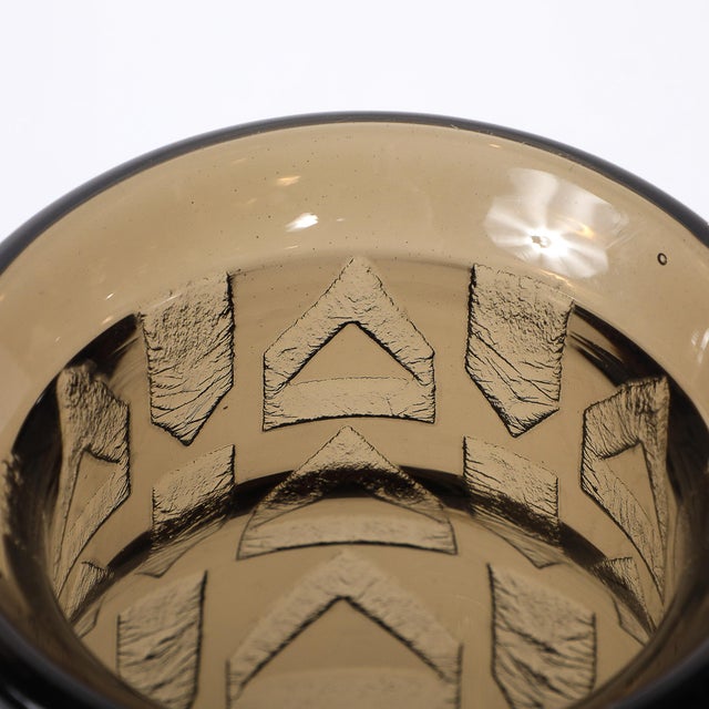 Daum Nancy Art Deco Signed Daum Acid-Etched Smoked Glass Vase W/ Geometric Motif For Sale - Image 4 of 10