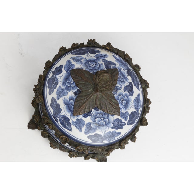 Blue Vintage Maitland-Smith Blue and White Porcelain Box With Brass Hand Painted Floral Details For Sale - Image 8 of 13