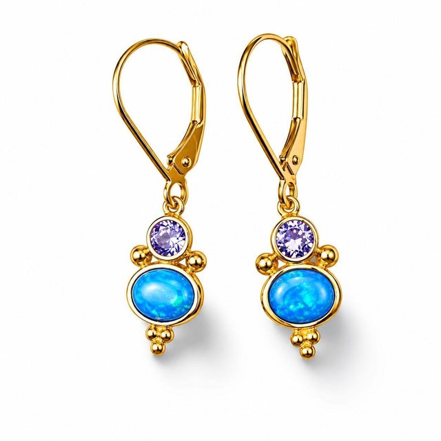 Mid 20th Century 14k Yellow Gold Blue Opal Tanzanite Dangle Drop Designer Earrings, Pair For Sale - Image 4 of 4