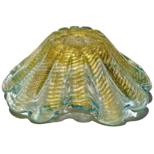 Vintage Murano Barovier Toso Aqua Green Rim Gold Flecks Ribbed Surface Italian Art Glass Decorative Bowl For Sale - Image 9 of 9